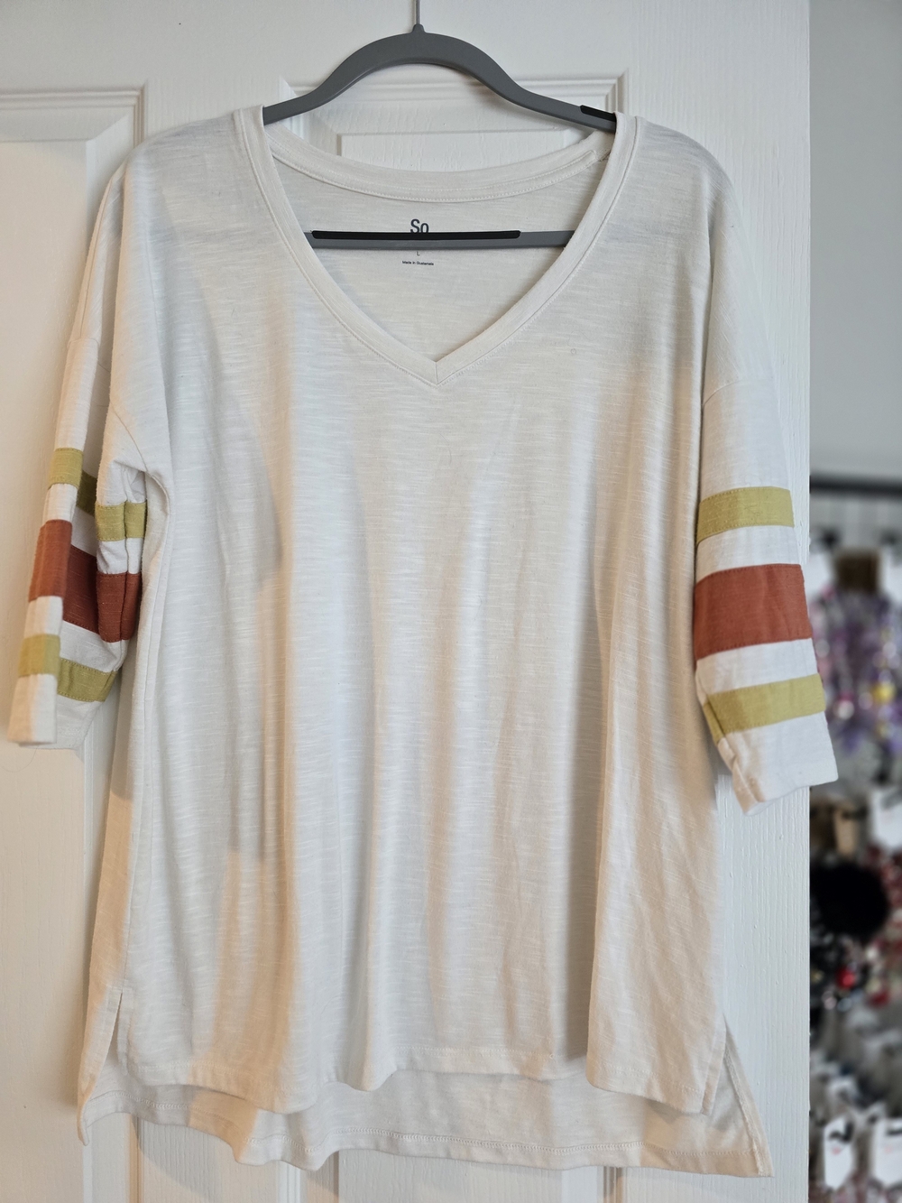 SO White V-Neck Short Sleeve Tee with Rust and Olive Stripes